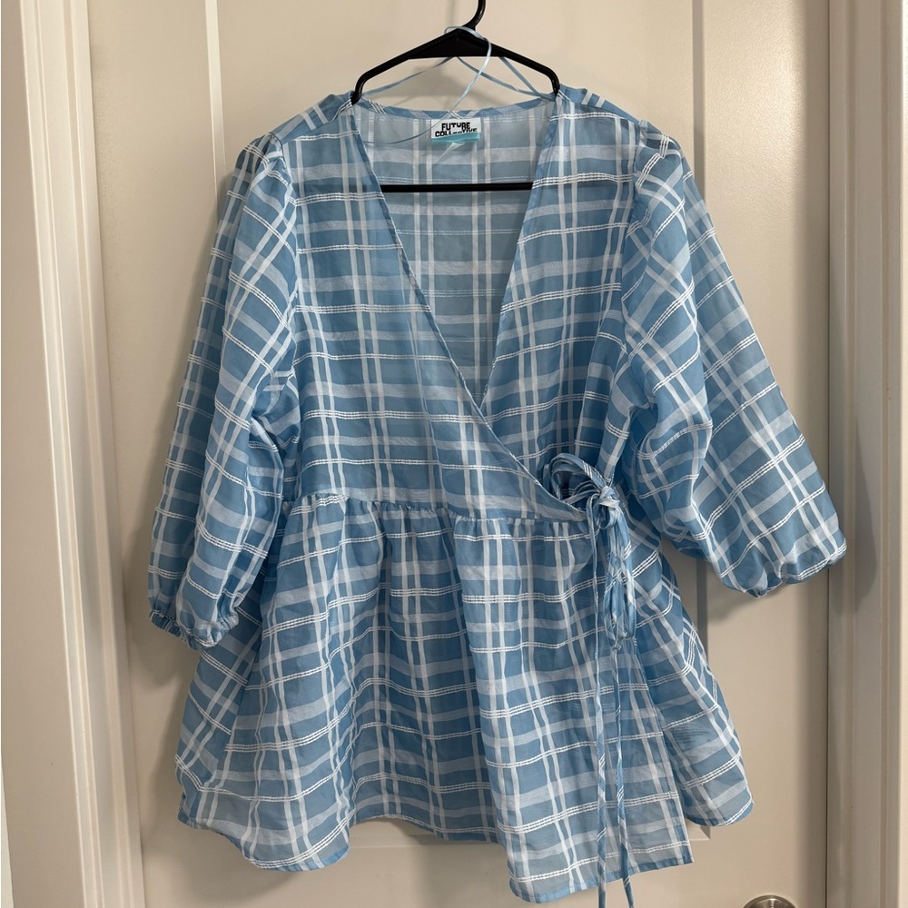 Light Blue Women's Gingham Check 3/4 Sleeve V-Neck Wrap Top - Future Collective